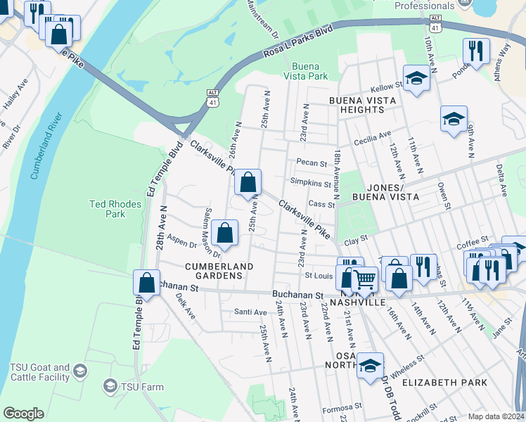 map of restaurants, bars, coffee shops, grocery stores, and more near 2030 25th Avenue North in Nashville