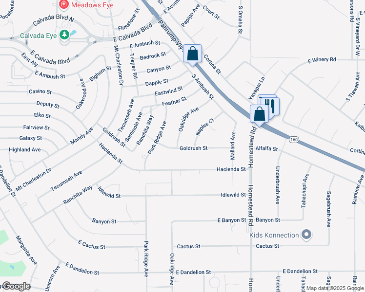 map of restaurants, bars, coffee shops, grocery stores, and more near 2431 Oakridge Avenue in Pahrump