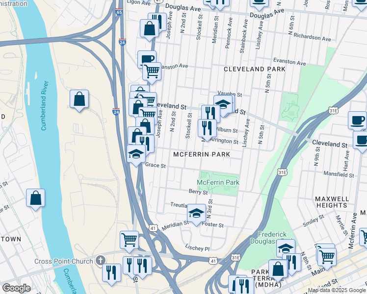 map of restaurants, bars, coffee shops, grocery stores, and more near 802 Stockell Street in Nashville