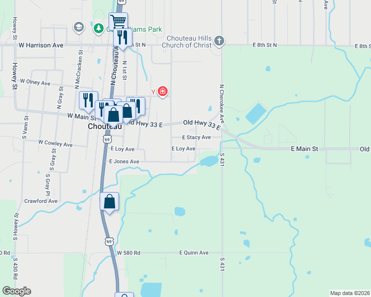 map of restaurants, bars, coffee shops, grocery stores, and more near 430 East Loy Avenue in Chouteau