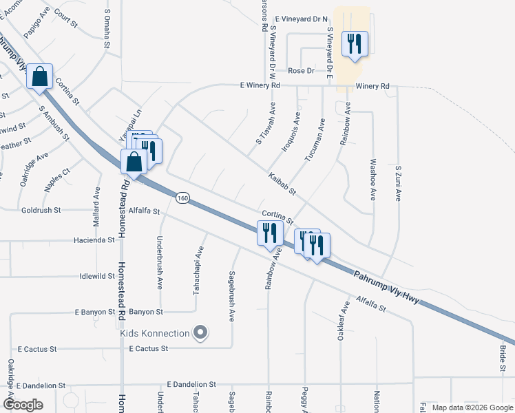 map of restaurants, bars, coffee shops, grocery stores, and more near 2420 Ute Lane in Pahrump