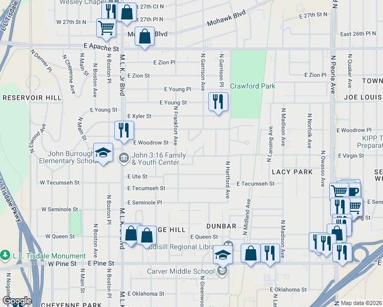 map of restaurants, bars, coffee shops, grocery stores, and more near 2104 North Frankfort Place in Tulsa
