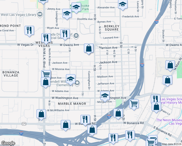 map of restaurants, bars, coffee shops, grocery stores, and more near 1219 Cunningham Drive in Las Vegas