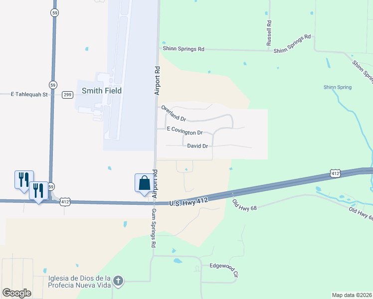 map of restaurants, bars, coffee shops, grocery stores, and more near 7006 David Drive in Siloam Springs