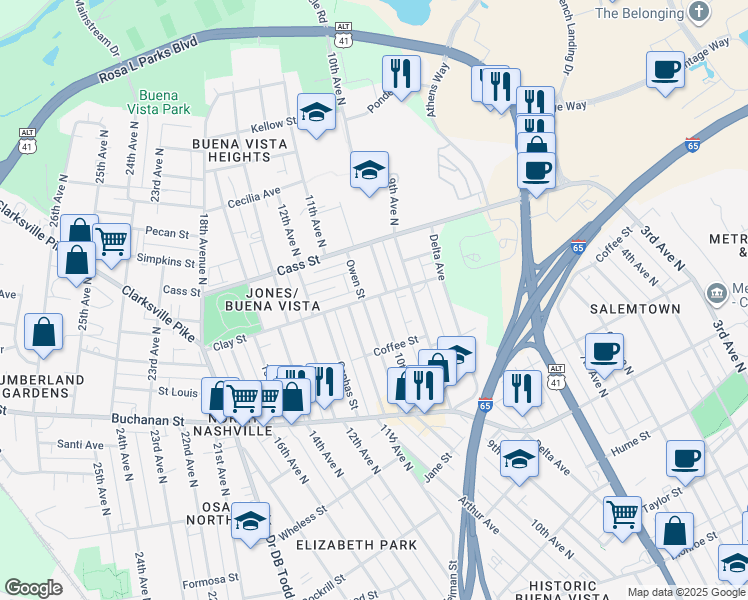 map of restaurants, bars, coffee shops, grocery stores, and more near 1007B Clay Street in Nashville