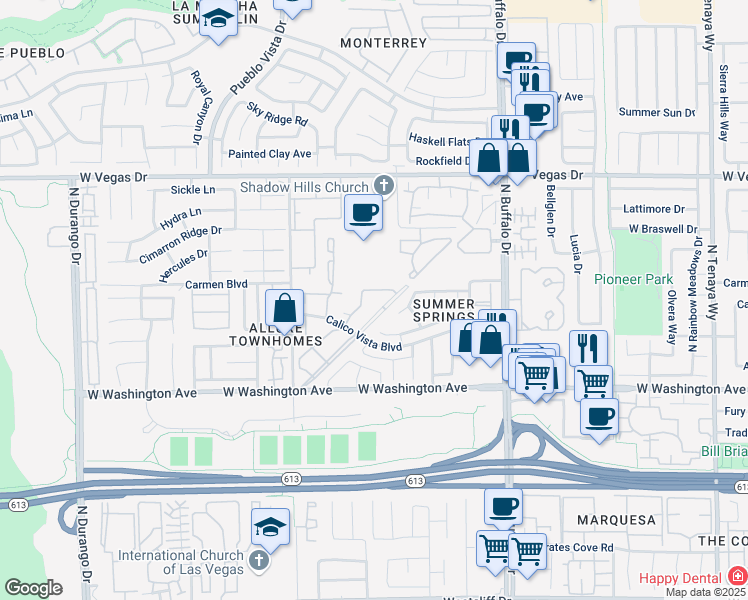 map of restaurants, bars, coffee shops, grocery stores, and more near 1104 Falconhead Lane in Las Vegas