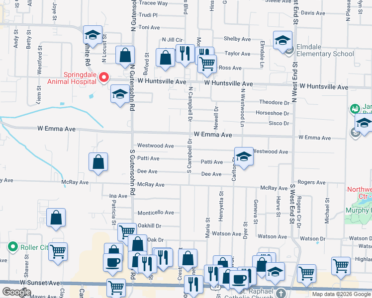 map of restaurants, bars, coffee shops, grocery stores, and more near 2001 Westwood Avenue in Springdale