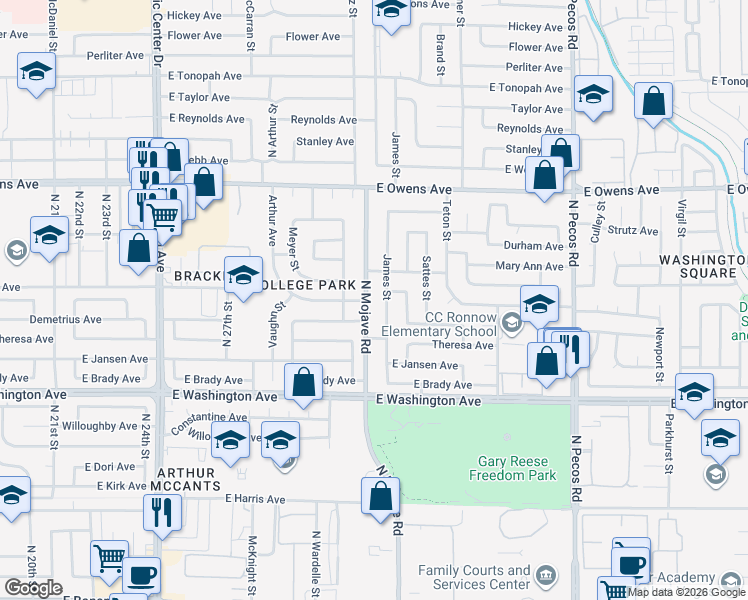map of restaurants, bars, coffee shops, grocery stores, and more near 1300 North Mojave Road in Las Vegas