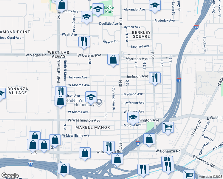 map of restaurants, bars, coffee shops, grocery stores, and more near 1214 I Street in Las Vegas