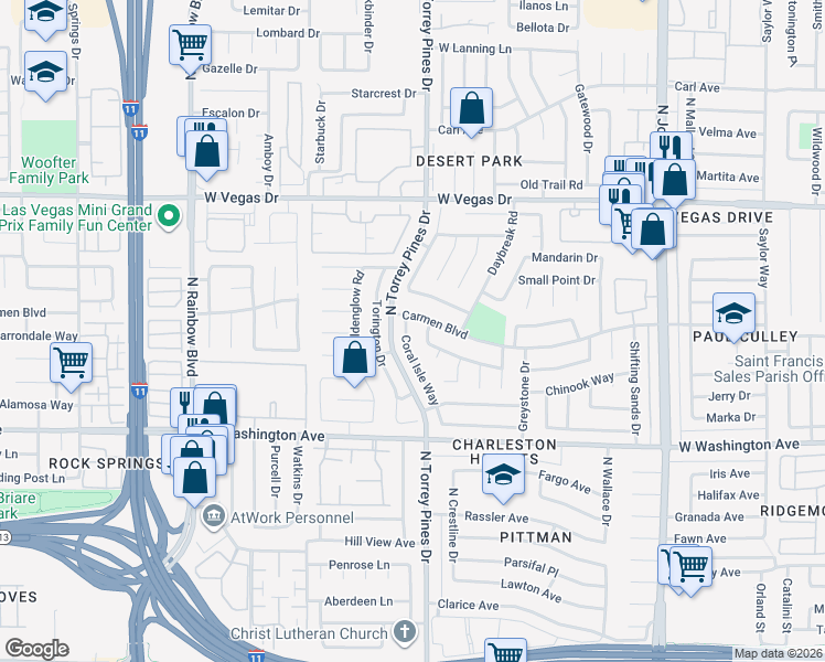 map of restaurants, bars, coffee shops, grocery stores, and more near 6385 Carmen Boulevard in Las Vegas