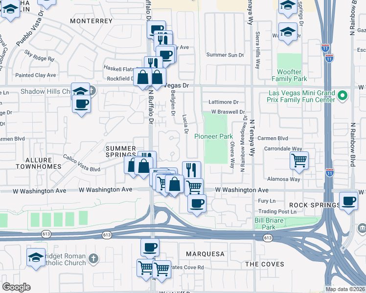 map of restaurants, bars, coffee shops, grocery stores, and more near 1233 Lucia Drive in Las Vegas