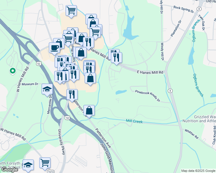 map of restaurants, bars, coffee shops, grocery stores, and more near 4455 Brassfield Drive in Winston-Salem