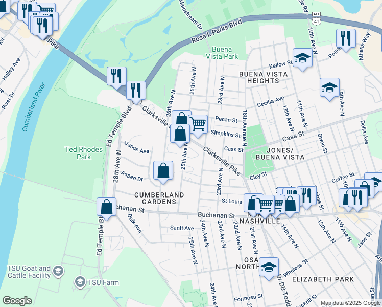 map of restaurants, bars, coffee shops, grocery stores, and more near 2030 25th Avenue North in Nashville