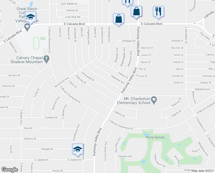map of restaurants, bars, coffee shops, grocery stores, and more near 1120 Jacaranda Street in Pahrump