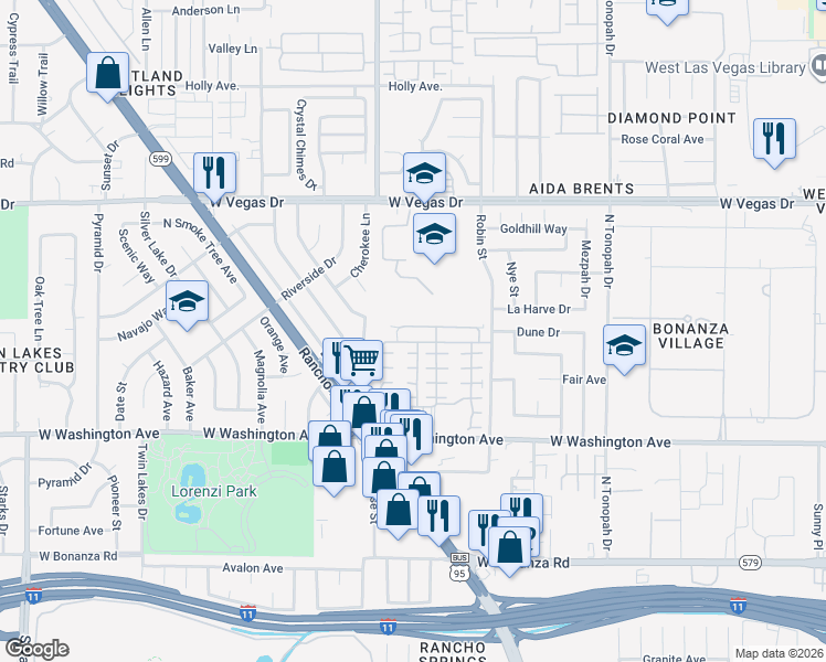map of restaurants, bars, coffee shops, grocery stores, and more near 2625 Living Rock Street in Las Vegas