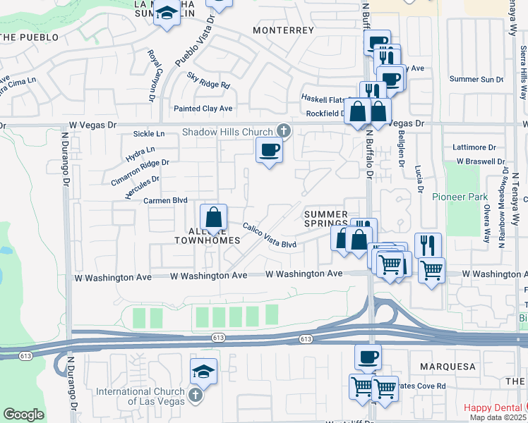 map of restaurants, bars, coffee shops, grocery stores, and more near 1101 Falconhead Lane in Las Vegas