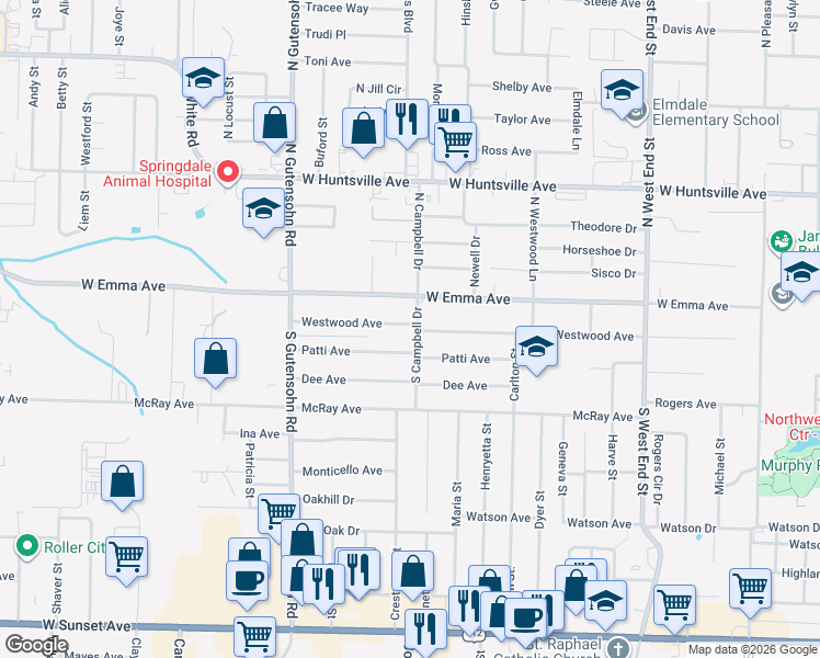 map of restaurants, bars, coffee shops, grocery stores, and more near 2001 Westwood Avenue in Springdale