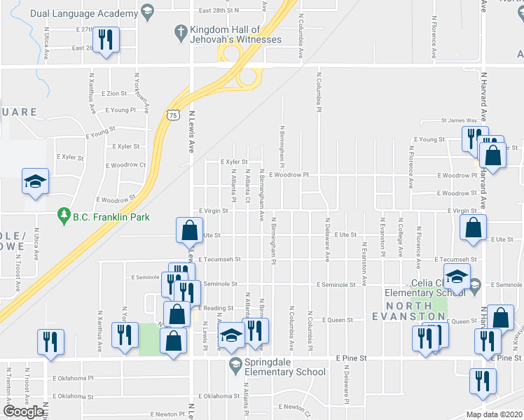 map of restaurants, bars, coffee shops, grocery stores, and more near 2599 East Virgin Street in Tulsa