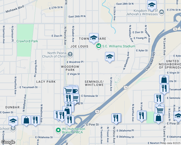 map of restaurants, bars, coffee shops, grocery stores, and more near 2104 North Street Louis Avenue in Tulsa
