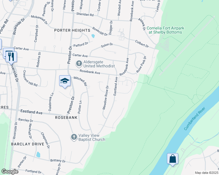 map of restaurants, bars, coffee shops, grocery stores, and more near 2802 Meadow Rose Drive in Nashville