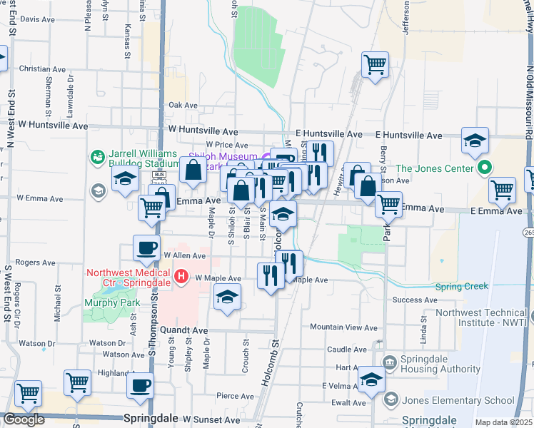 map of restaurants, bars, coffee shops, grocery stores, and more near 111 South Main Street in Springdale