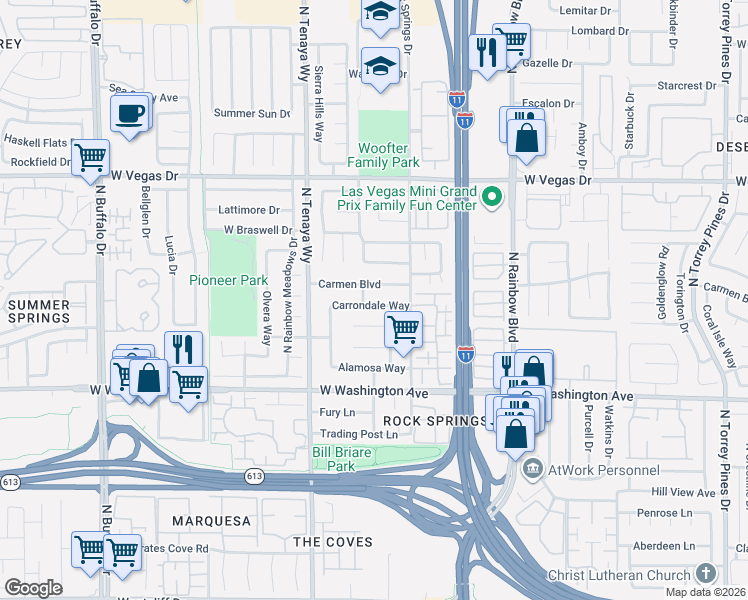 map of restaurants, bars, coffee shops, grocery stores, and more near 7100 Carrondale Way in Las Vegas