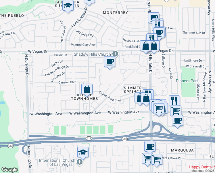 map of restaurants, bars, coffee shops, grocery stores, and more near 1104 Falconhead Lane in Las Vegas
