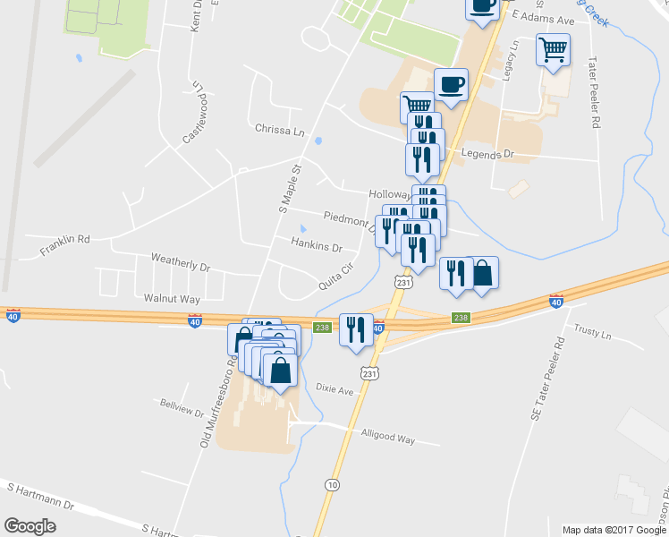 map of restaurants, bars, coffee shops, grocery stores, and more near 128 Quita Circle in Lebanon