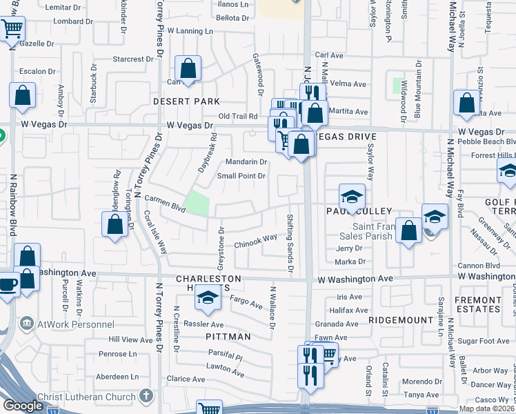 map of restaurants, bars, coffee shops, grocery stores, and more near 1305 North Pocono Way in Las Vegas
