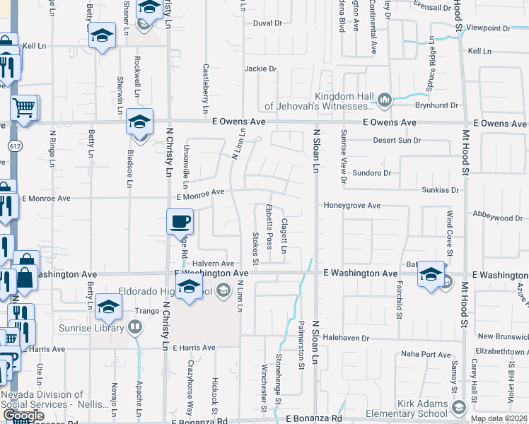 map of restaurants, bars, coffee shops, grocery stores, and more near 1347 Ebbetts Pass in Las Vegas