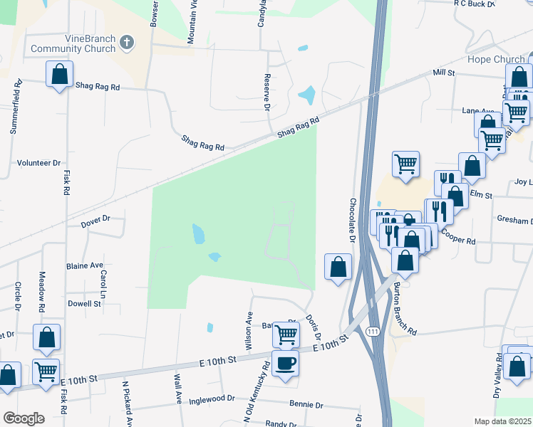 map of restaurants, bars, coffee shops, grocery stores, and more near 1630 Country Club Place in Cookeville