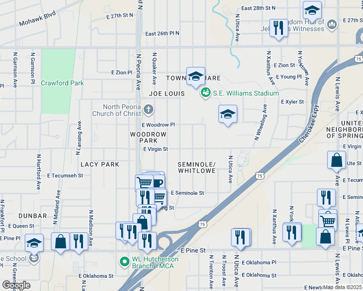 map of restaurants, bars, coffee shops, grocery stores, and more near 1503 East Virgin Street in Tulsa