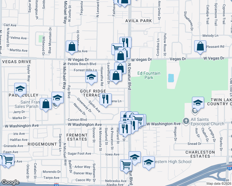 map of restaurants, bars, coffee shops, grocery stores, and more near 4816 Elmhurst Lane in Las Vegas