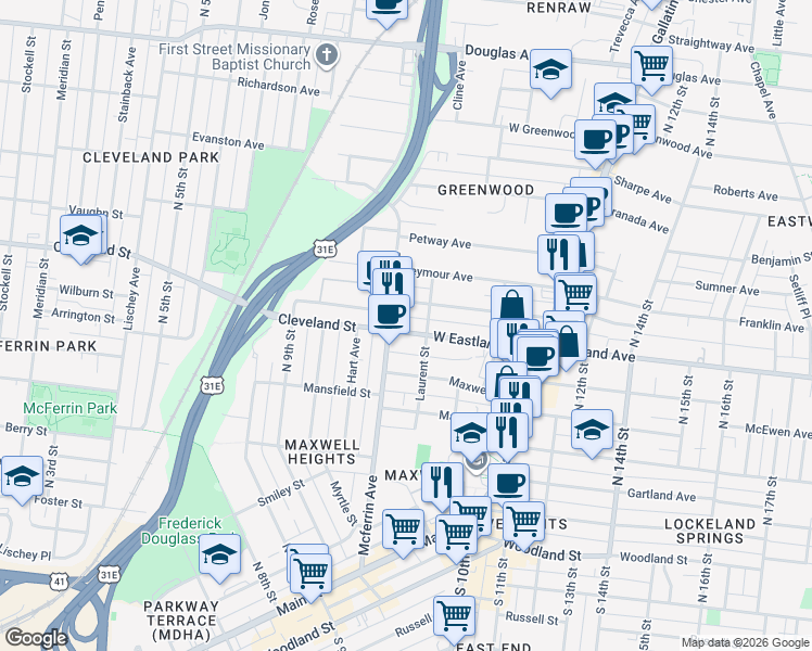 map of restaurants, bars, coffee shops, grocery stores, and more near 941 West Eastland Avenue in Nashville
