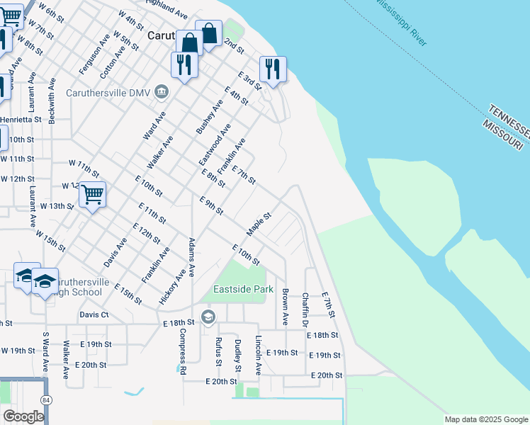 map of restaurants, bars, coffee shops, grocery stores, and more near 710 Maple Street in Caruthersville