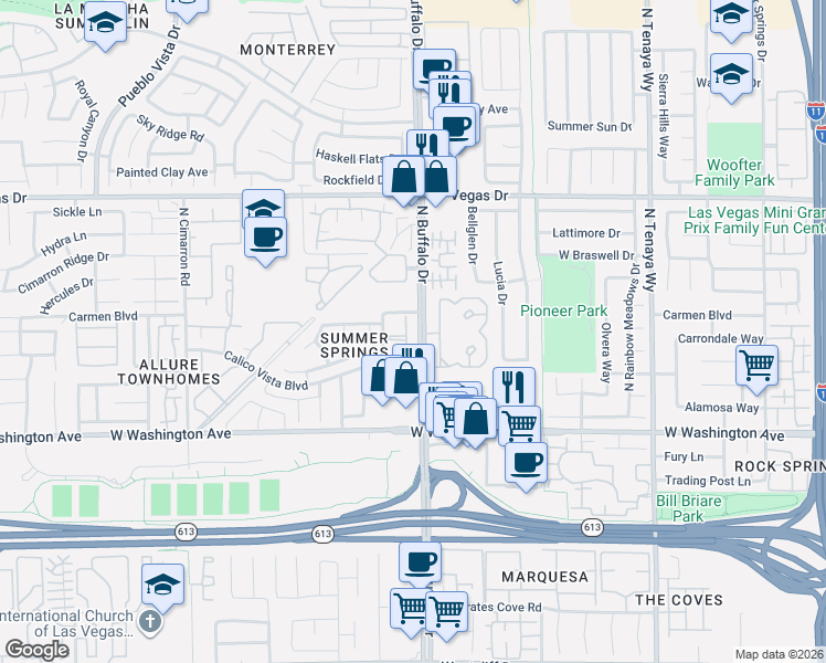 map of restaurants, bars, coffee shops, grocery stores, and more near 1201 North Buffalo Drive in Las Vegas