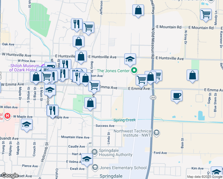 map of restaurants, bars, coffee shops, grocery stores, and more near 719 East Emma Avenue in Springdale