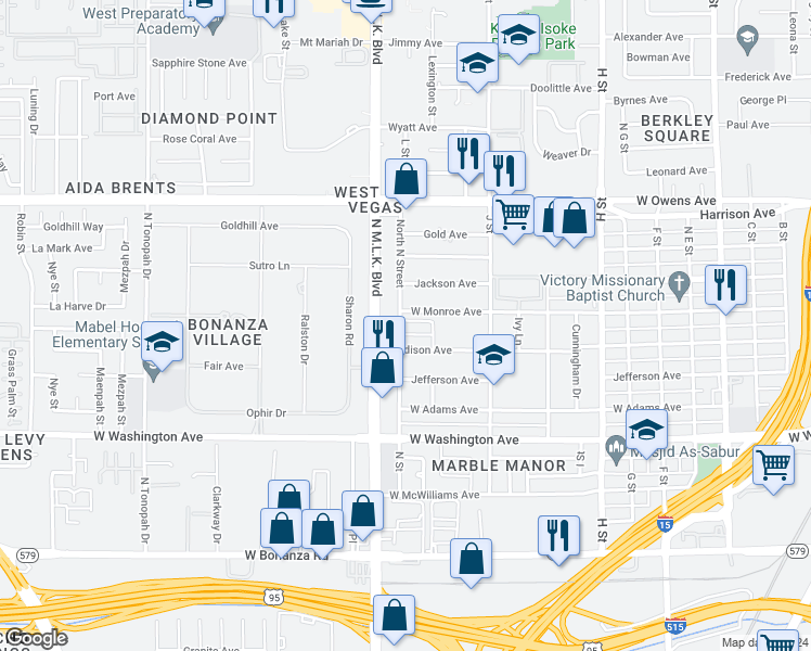 map of restaurants, bars, coffee shops, grocery stores, and more near 1212 N Street in Las Vegas