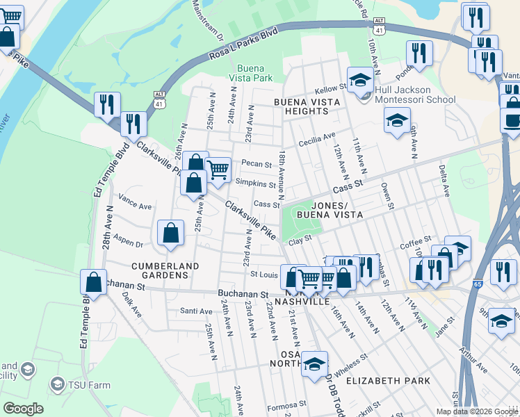 map of restaurants, bars, coffee shops, grocery stores, and more near 1719 Cass Street in Nashville