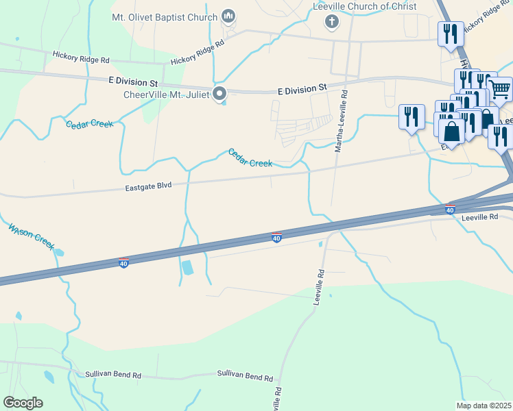 map of restaurants, bars, coffee shops, grocery stores, and more near 7520 Eastgate Boulevard in Mt. Juliet