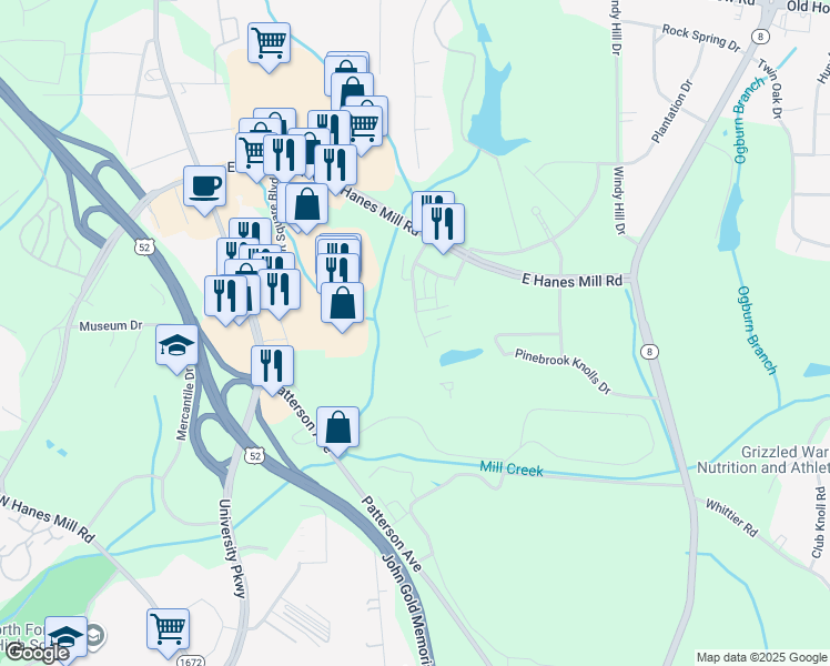 map of restaurants, bars, coffee shops, grocery stores, and more near 4455 Brassfield Drive in Winston-Salem