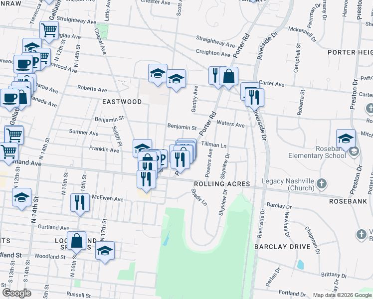 map of restaurants, bars, coffee shops, grocery stores, and more near 811 Porter Road in Nashville