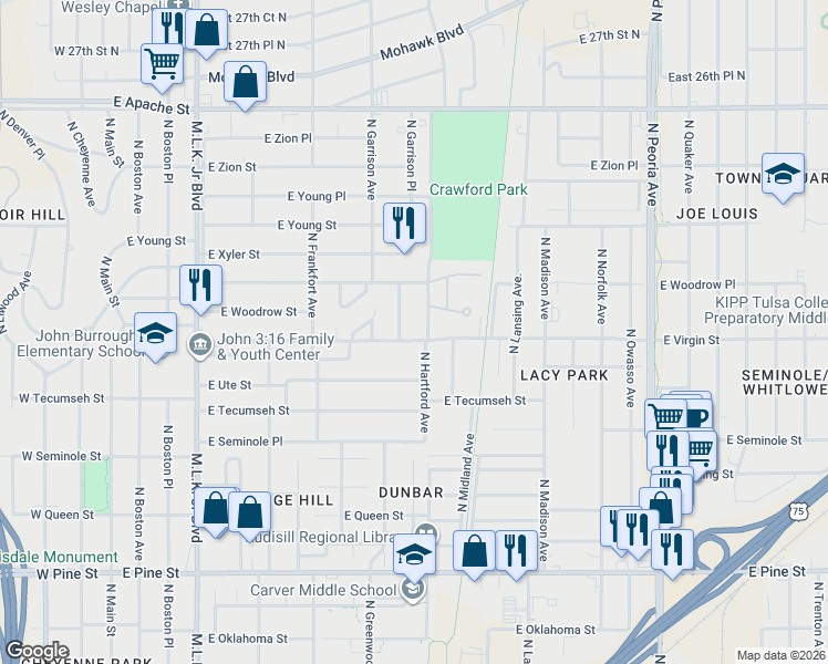 map of restaurants, bars, coffee shops, grocery stores, and more near 2107 N Garrison Pl in Tulsa