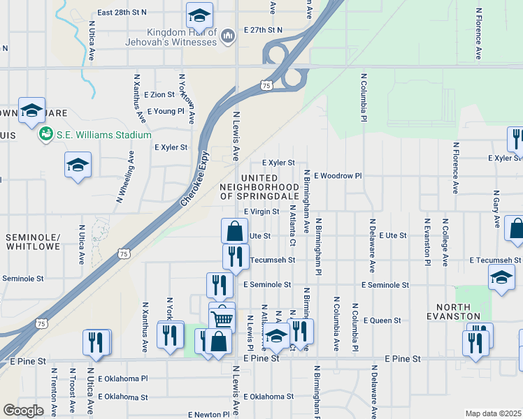 map of restaurants, bars, coffee shops, grocery stores, and more near 2104 North Atlanta Avenue in Tulsa