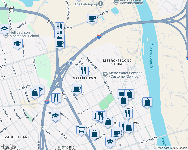 map of restaurants, bars, coffee shops, grocery stores, and more near 303 Buchanan Street in Nashville