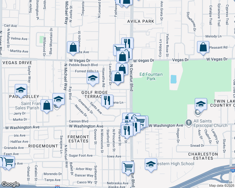 map of restaurants, bars, coffee shops, grocery stores, and more near 4816 Elmhurst Lane in Las Vegas