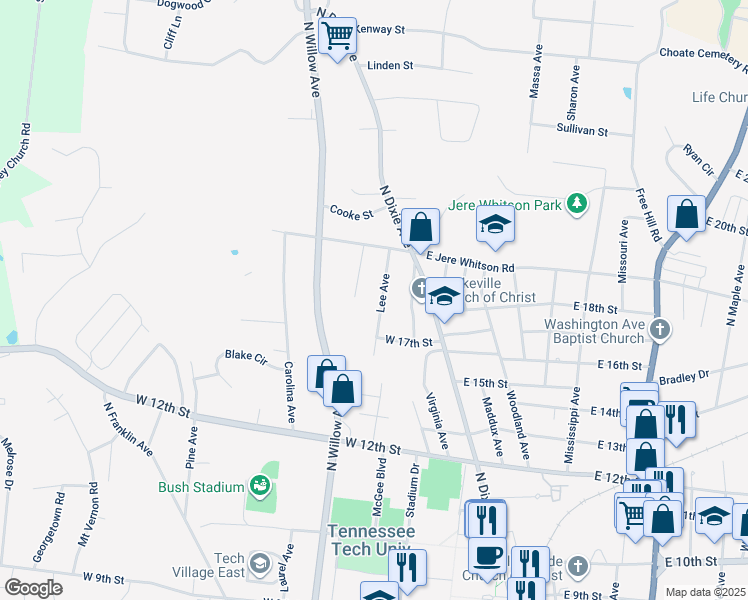 map of restaurants, bars, coffee shops, grocery stores, and more near 1804 Lee Avenue in Cookeville