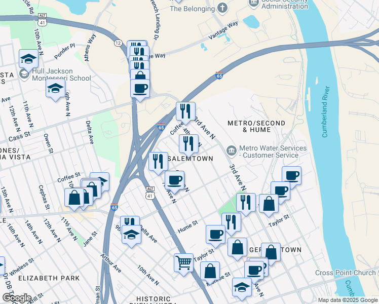 map of restaurants, bars, coffee shops, grocery stores, and more near 1809 5th Avenue North in Nashville