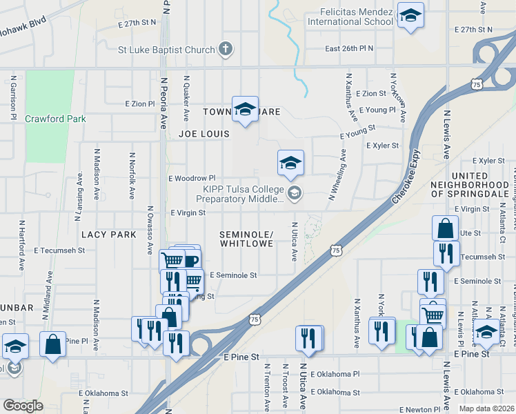 map of restaurants, bars, coffee shops, grocery stores, and more near 1543 East Virgin Street in Tulsa