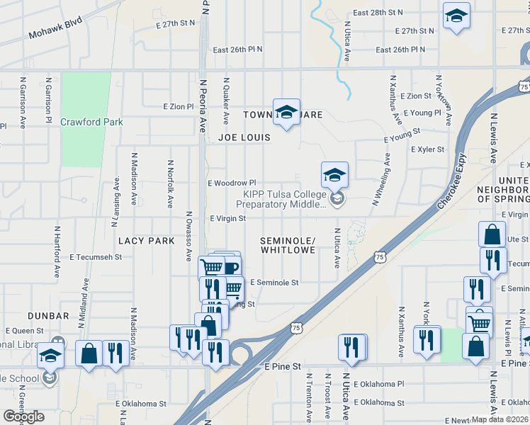 map of restaurants, bars, coffee shops, grocery stores, and more near 2104 North Street Louis Avenue in Tulsa